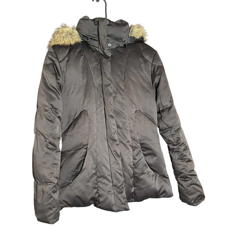 Calvin Klein Coat Womens Small Brown Puffer Parka Jacket Faux Fur Trim Duck Down